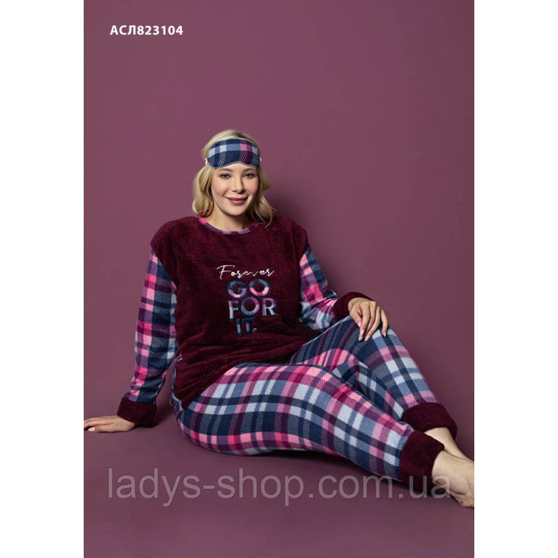 Жіноча тепла піжама, штани + лонгслів манжет + маска софт + фліс