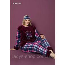 Жіноча тепла піжама, штани + лонгслів манжет + маска софт + фліс 4XL