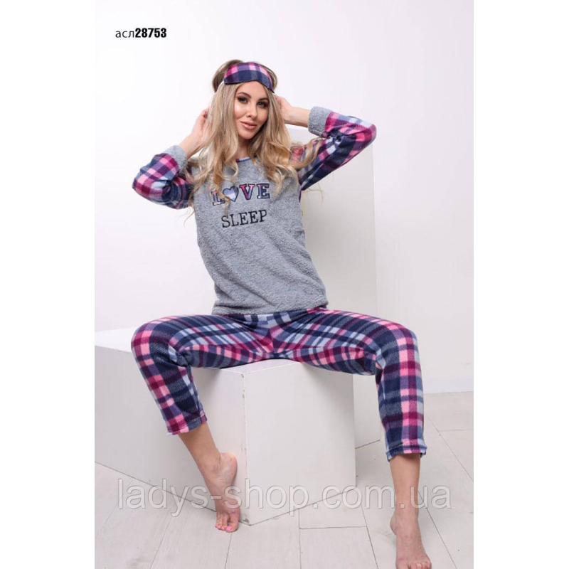 Жіноча тепла піжама, штани + лонгслів манжет + маска софт + фліс М