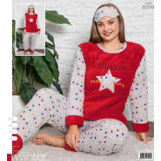 Жіноча тепла піжама батал, штани + лонгслів манжет + маска софт + фліс